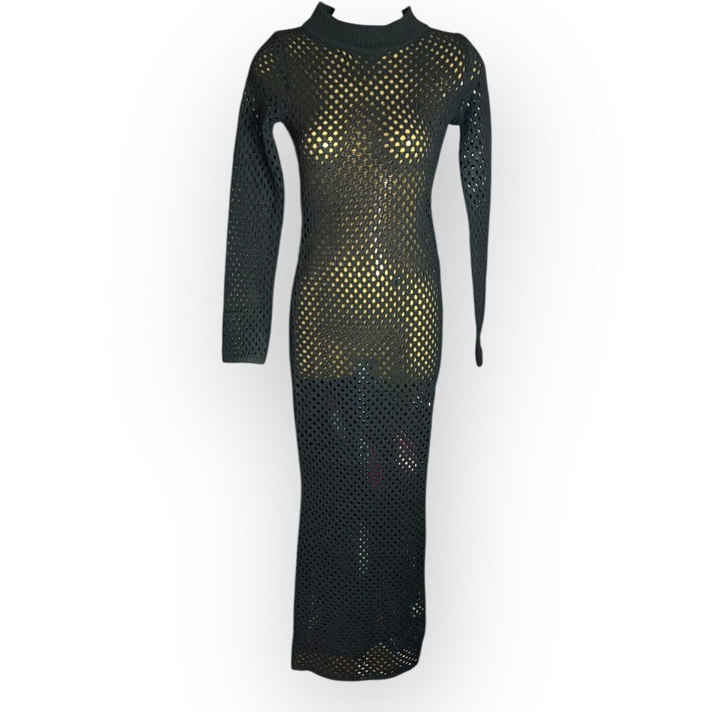 PrettyLittleThing Black Open Knit Maxi Dress XS Mock Neck Long Sleeve NWT